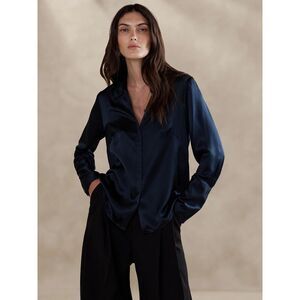 NWT Banana Republic Silk Resort Shirt XXL 20 Hyper Navy Blue Button-up Blouse